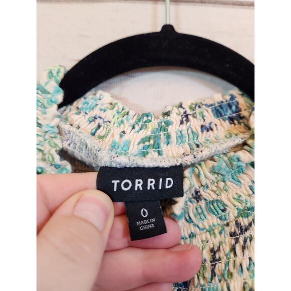 Torrid Blue Green Cotton Modal Jersey Smocked Mock Neck Floral Blouse Top 0X - Picture 3 of 6